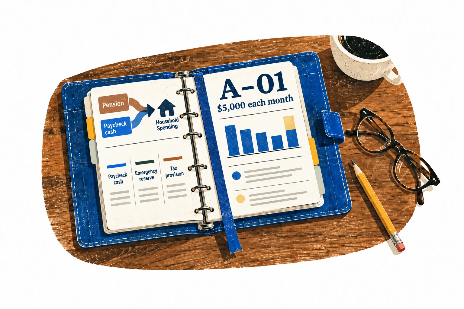 Editorial illustration of an open blue planning binder, reading glasses, and pencil on a table.