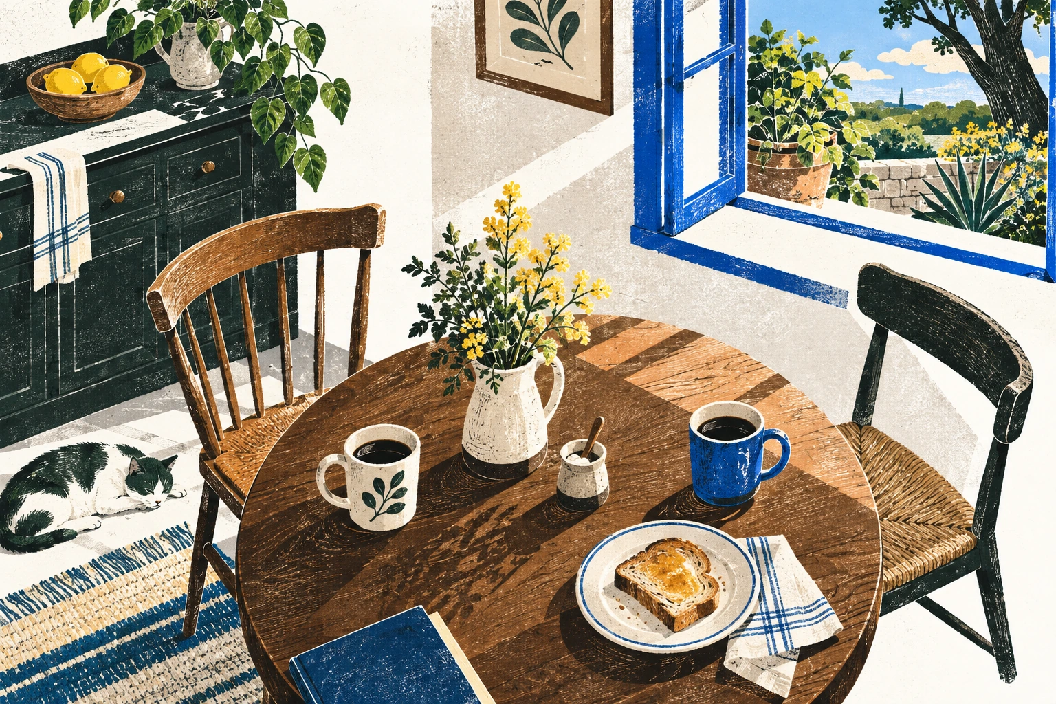 Editorial illustration of two places at a breakfast table beside an open blue window.
