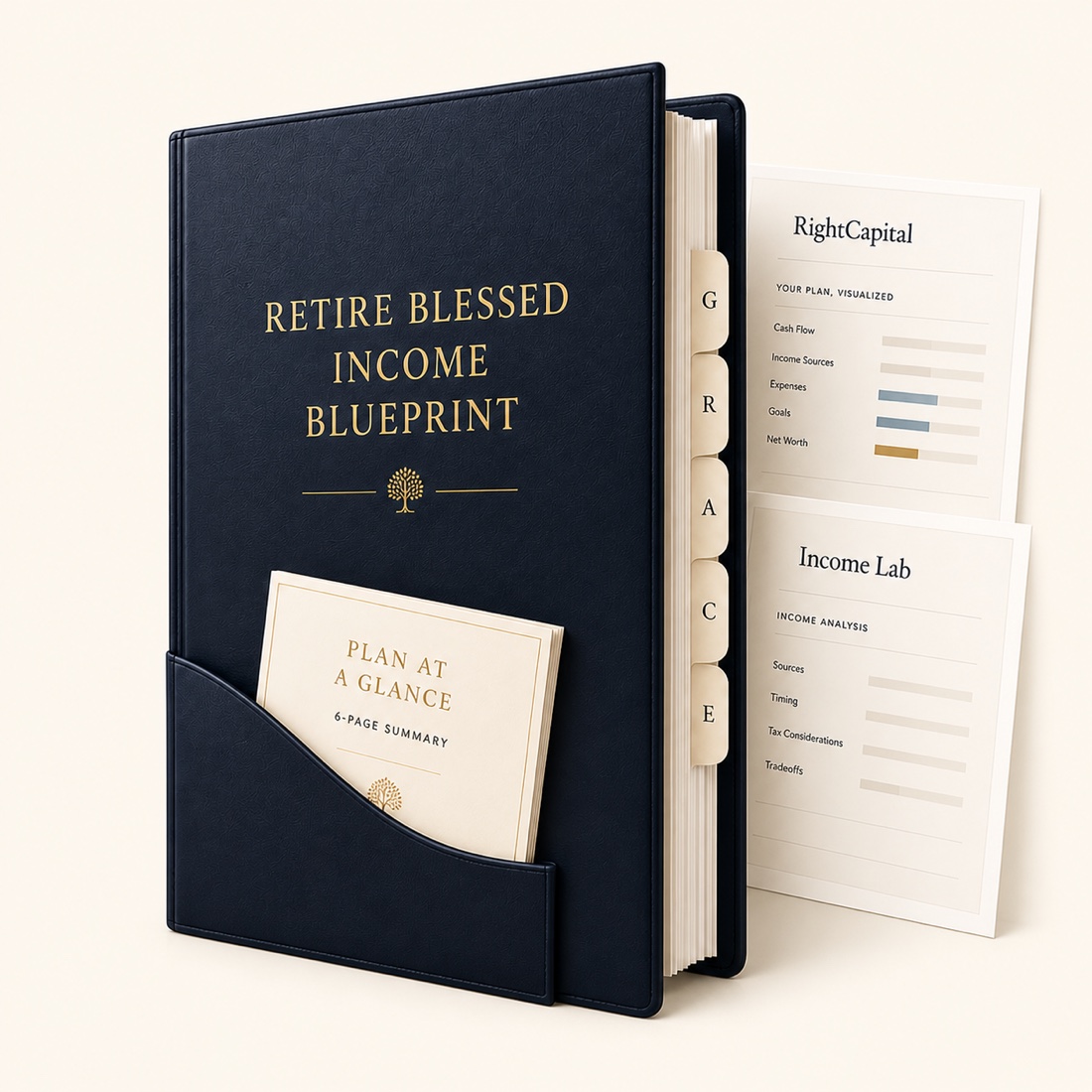 Retire Blessed Income Blueprint binder, six-page summary, and supporting reports
