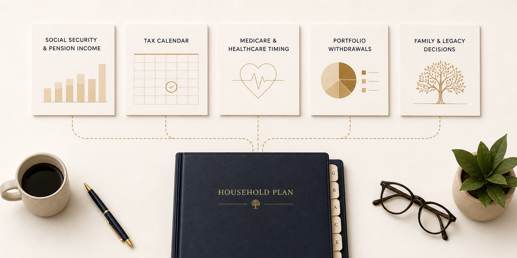 Retirement income, tax, healthcare, investment, and legacy decisions connected to one household plan