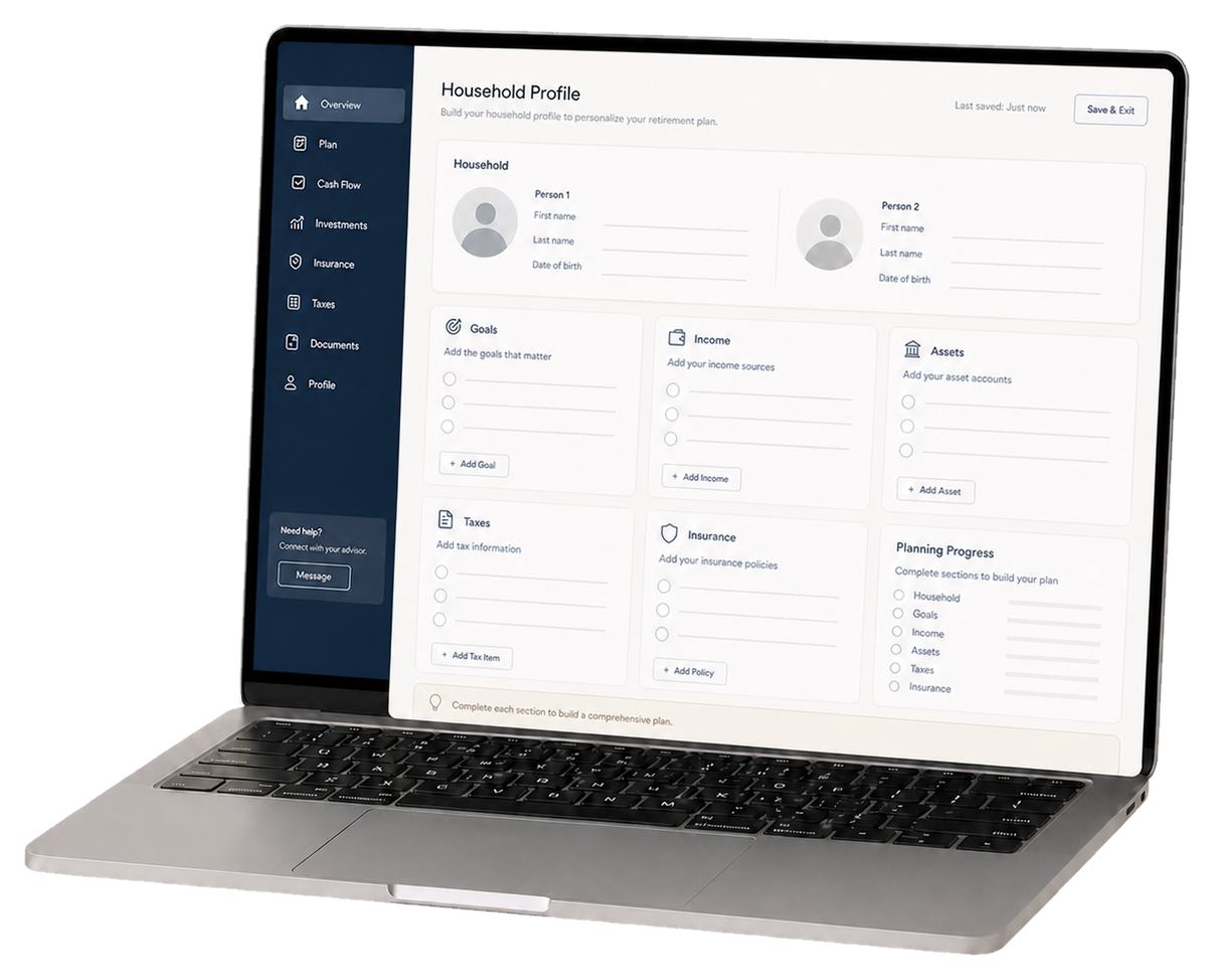 Laptop displaying a household profile-building workspace for a retirement planning meeting