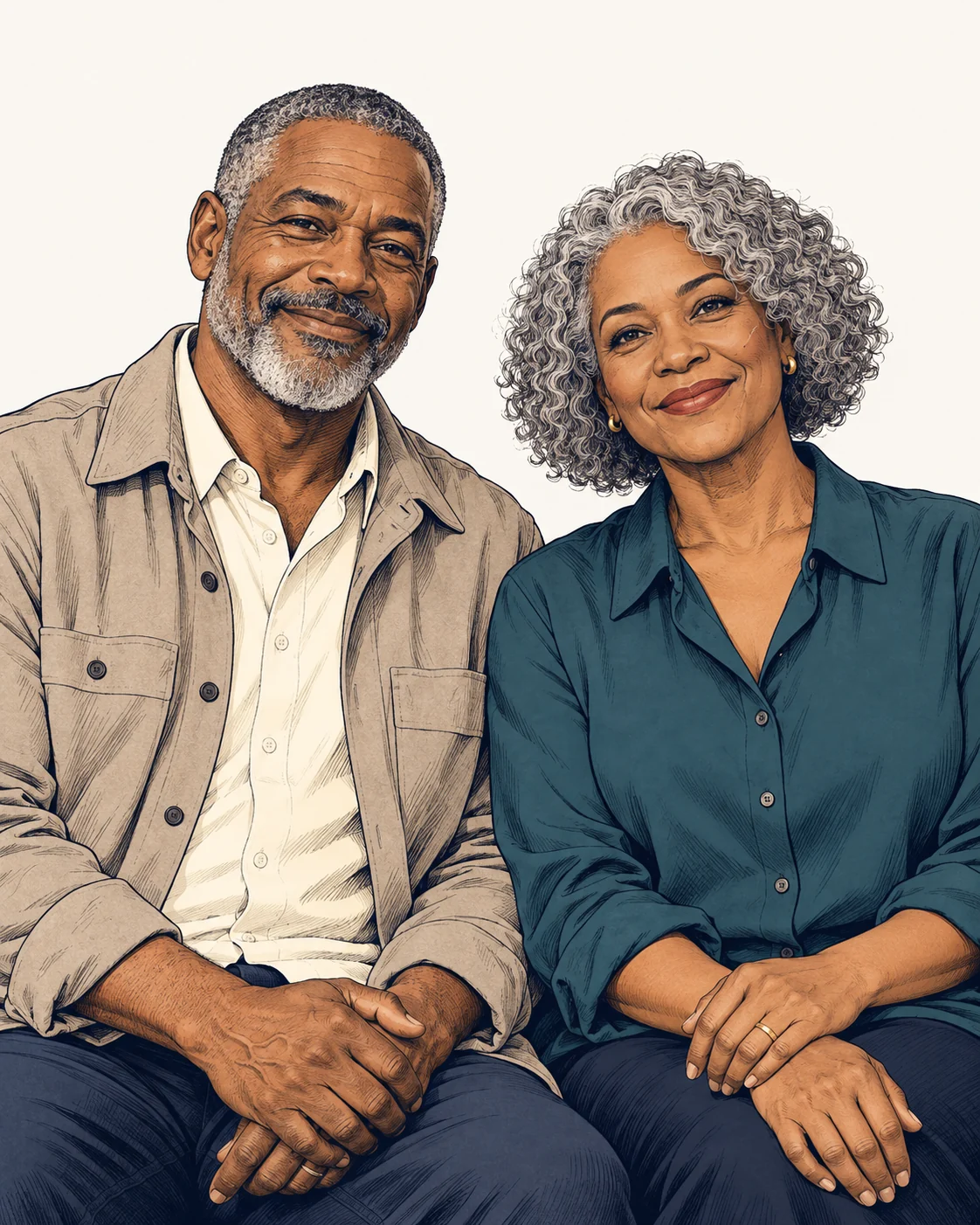 Comic illustration of Daniel and Rachel, a retired couple. Daniel wears a taupe shirt and has a short grey beard; Rachel has silver curls and a teal blouse.