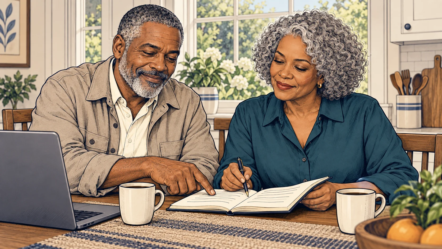 Comic scene of Daniel and Rachel talking through their finances together at the breakfast table.