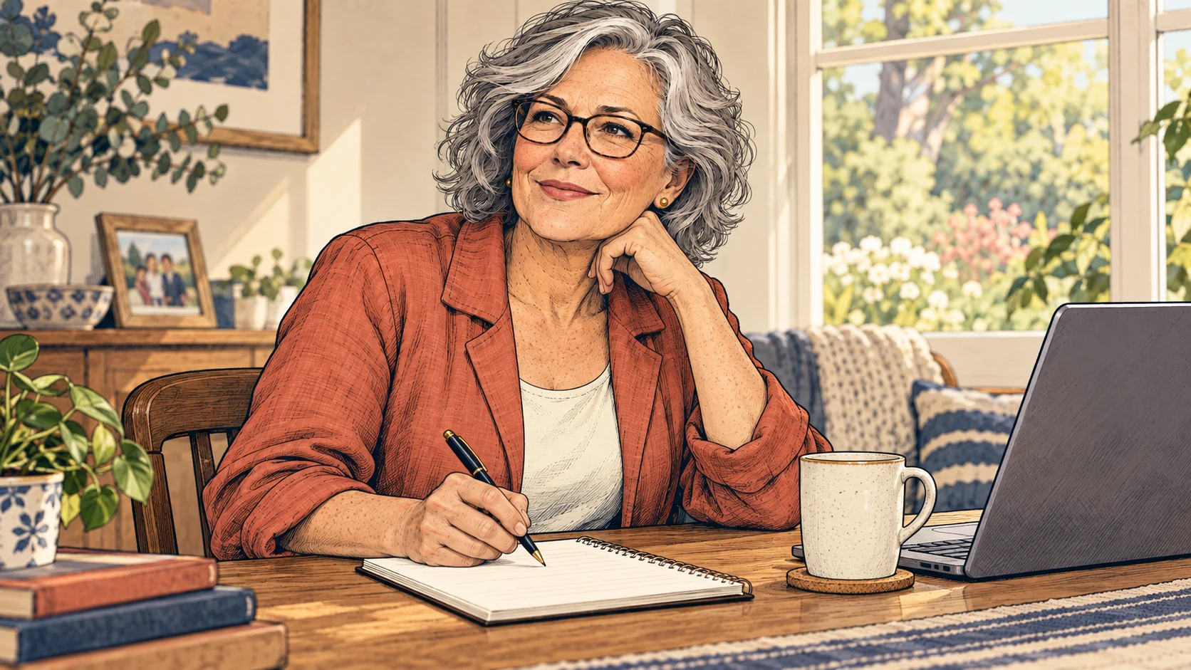 Comic scene of Denise considering her plans with a notebook and laptop at her table at home.