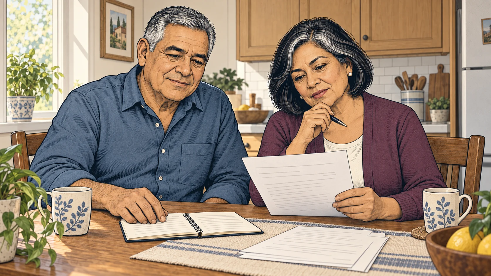 Comic scene of Luis and Carmen at their kitchen table, reviewing account statements, a notebook, and a contractor’s estimate together.