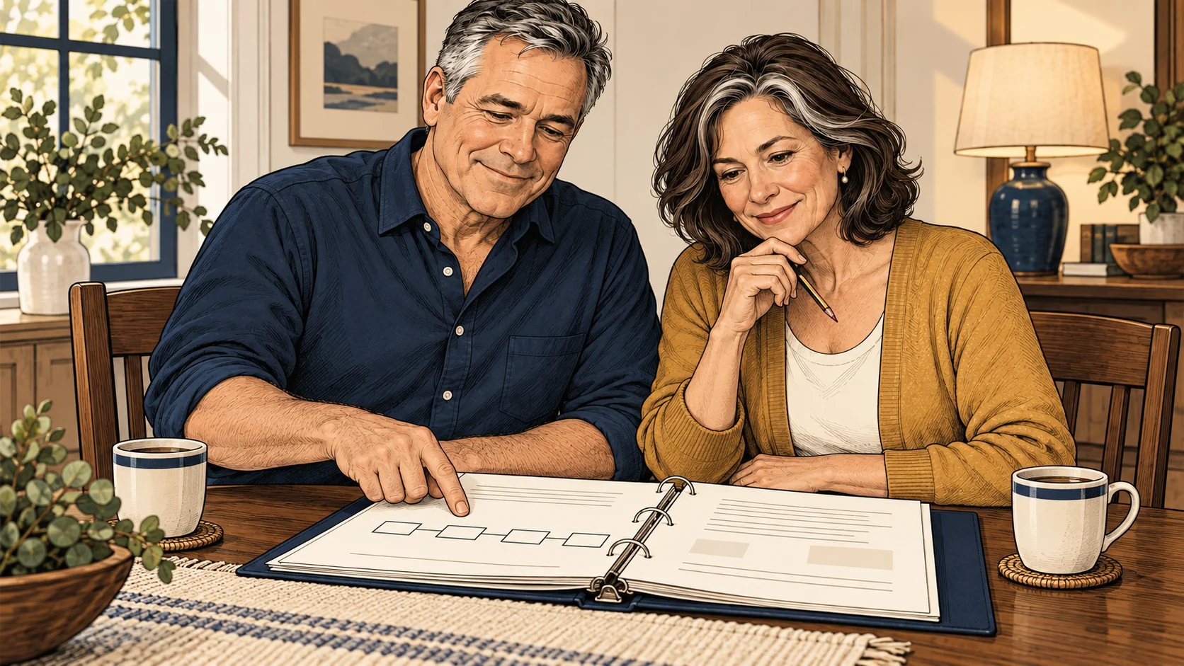 Comic illustration of the couple reviewing their planning materials and considering the decisions ahead.