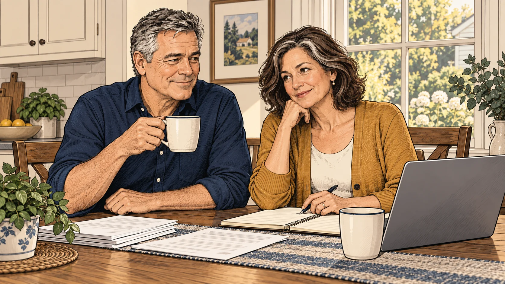 Illustrated scene of Mark and Elena at home, beginning a conversation about their retirement plans.