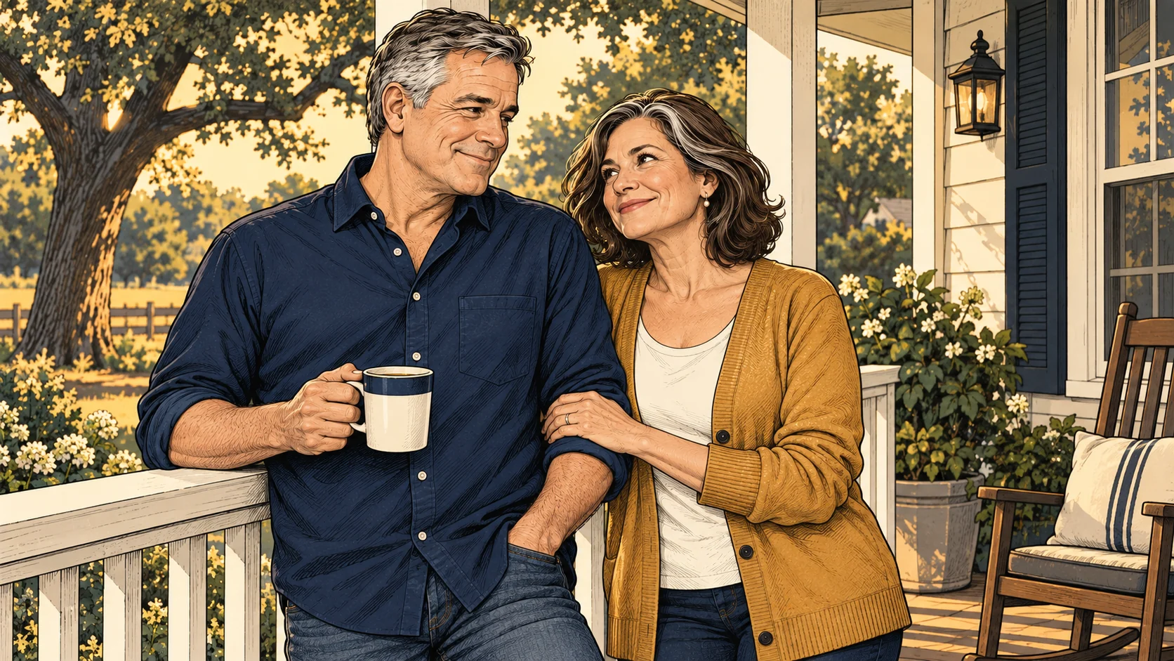 Comic illustration of Mark and Elena together on their porch, looking toward the next chapter of life.