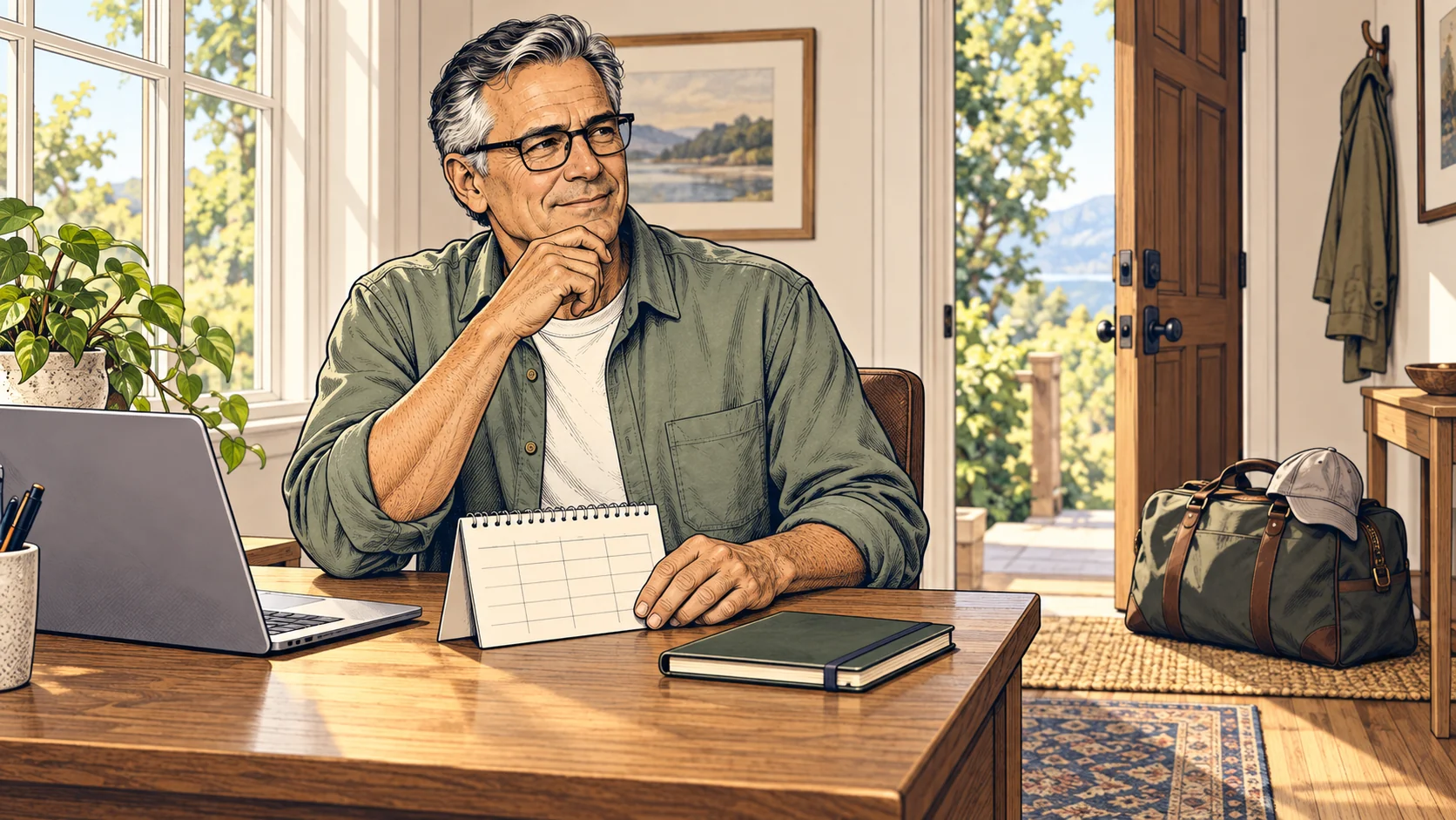 Comic scene of Thomas, with salt-and-pepper hair, glasses, and a sage overshirt, reviewing a calendar beside his laptop while preparing for a trip.