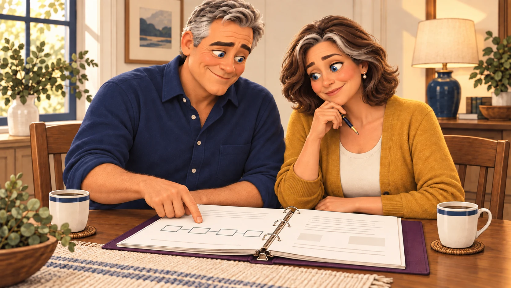 Comic illustration of the couple reviewing their planning materials and considering the decisions ahead.