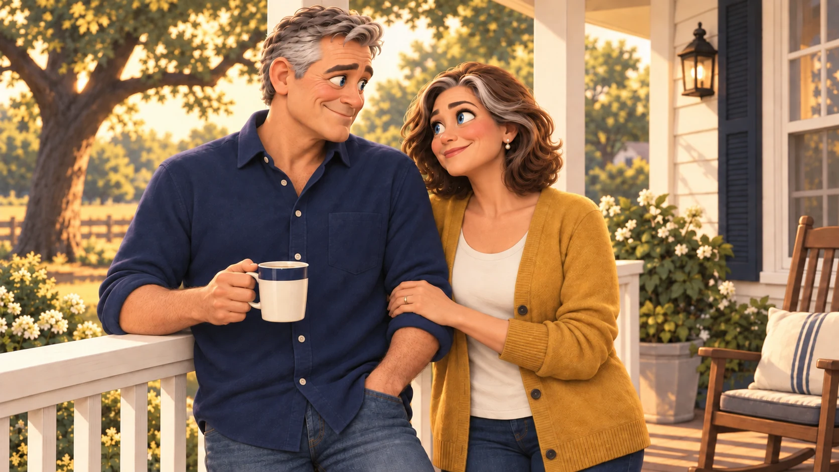 Comic illustration of Mark and Claire together on their porch, looking toward the next chapter of life.