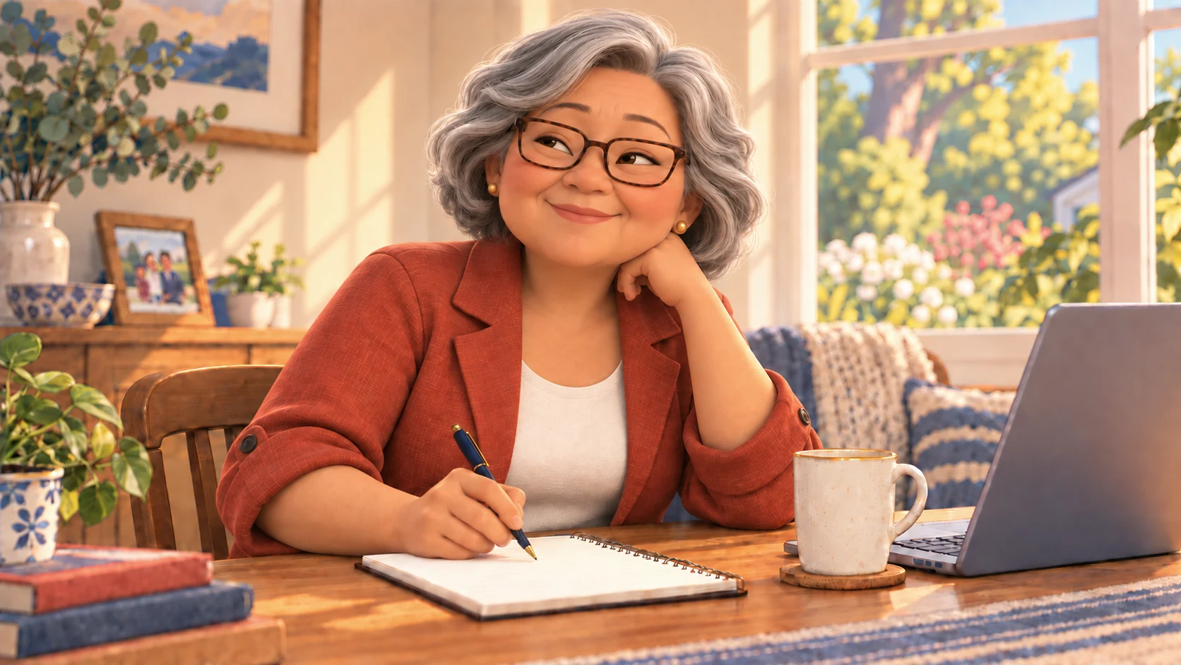 Comic scene of Patricia considering her plans with a notebook and laptop at her table at home.