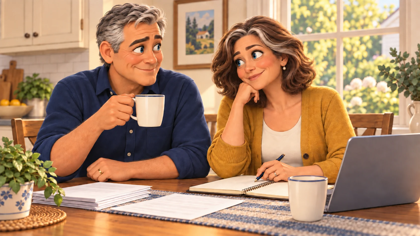 Illustrated Mark and Claire talking over papers at their kitchen table.